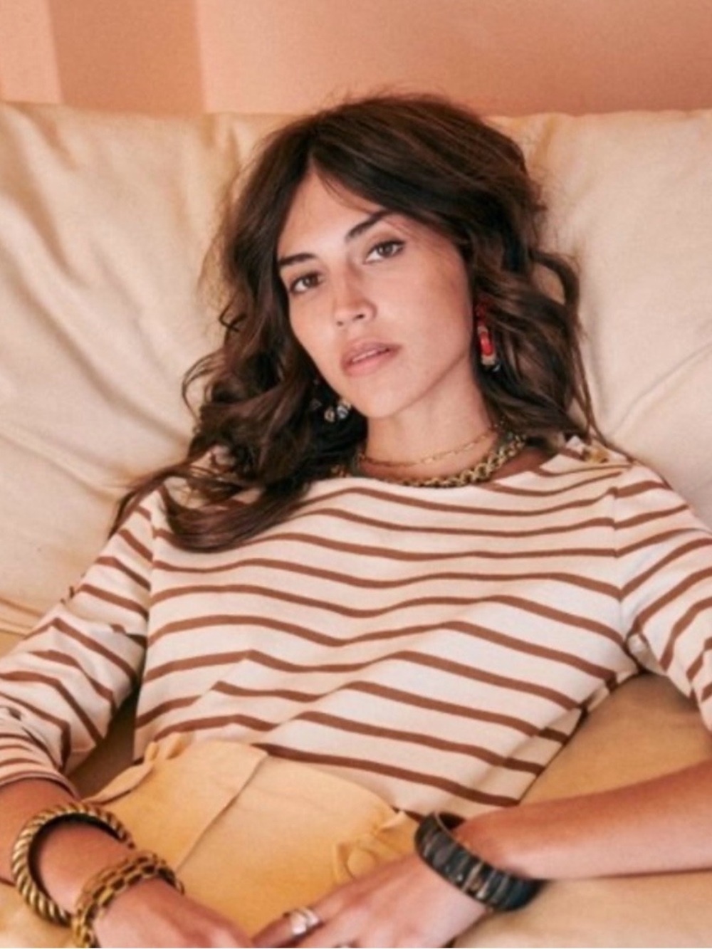 Sezane Colette Mariniere Stripe Breton Top Ecru/Camel Size M 🍂🍁🍂 - Picture 10 of 12